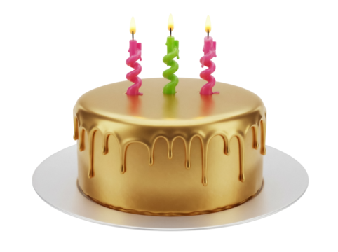 Golden birthday cake with pink and green candles isolated PNG, festive dessert for celebration and party designs on transparent background