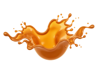 Caramel splash PNG isolated on transparent background, sweet liquid drop for food design and confectionery use, golden syrup