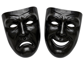 Comedy and tragedy masks isolated PNG on transparent background, theatrical drama symbols for acting and performance arts