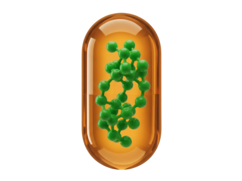 Vitamin K capsule with green molecule isolated PNG on transparent background, dietary supplement for health and wellness