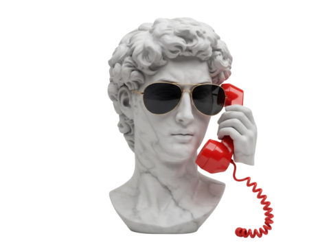 David bust with sunglasses and red telephone isolated PNG, classical sculpture with modern accessories on transparent background