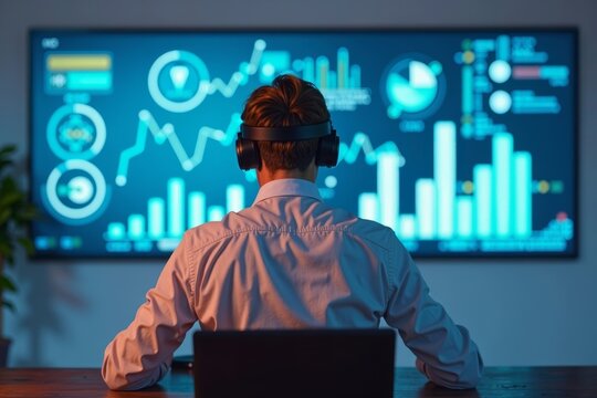 Person with VR headset sitting at laptop in futuristic virtual world during video conference meeting