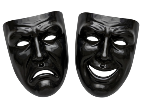 Comedy and tragedy masks isolated PNG on transparent background, theatrical drama symbols for acting and performance arts