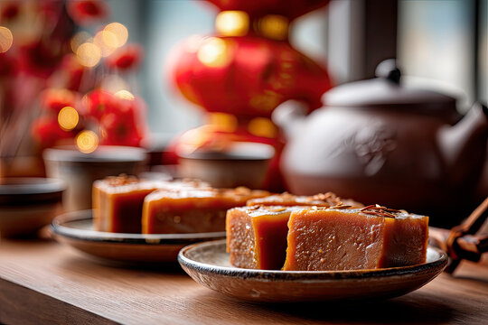 Slices of nian gao on ceramic plates, tea pot and cups in the background, Lunar New Year decorations softly blurred