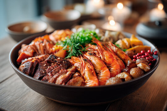 Large poon choi bowl filled with layered meats and seafood, Lunar New Year celebration table