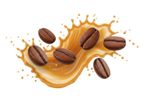 Coffee beans with caramel splash isolated PNG, aromatic roasted grains with sweet liquid on transparent background for cafe and product design
