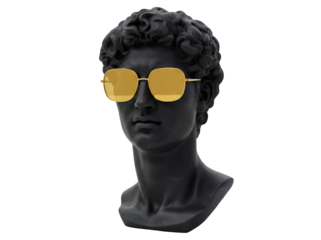 Black David bust with golden sunglasses isolated PNG, classical sculpture on transparent background for graphic design and creative projects