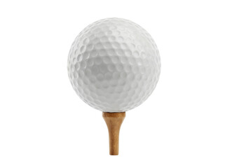 Golf ball on tee isolated PNG, close-up of dimpled sphere for sports equipment and golfing design elements on transparent background