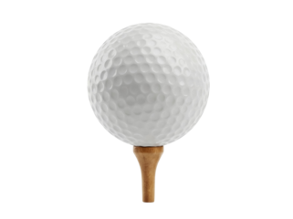 Golf ball on tee isolated PNG, close-up of dimpled sphere for sports equipment and golfing design elements on transparent background