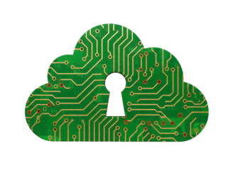 Green cloud circuit board with keyhole isolated PNG, secure cloud computing and data protection concept for technology designs