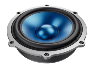 Blue speaker PNG isolated on transparent background, audio equipment for music listening and sound system design, high quality