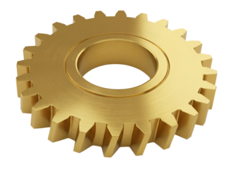 Golden gear wheel isolated PNG on transparent background, cogwheel machinery part for engineering and mechanical design projects
