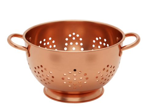 Copper colander isolated PNG on transparent background, kitchen utensil with handles and drainage holes for washing vegetables and pasta
