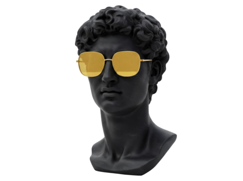 Black David bust with golden sunglasses isolated PNG, classical sculpture on transparent background for graphic design and creative projects