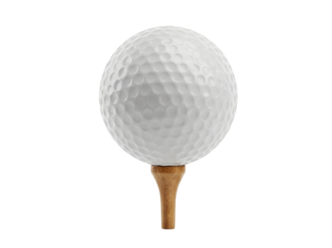 Golf ball on tee isolated PNG, close-up of dimpled sphere for sports equipment and golfing design elements on transparent background