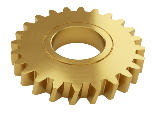 Golden gear wheel isolated PNG on transparent background, cogwheel machinery part for engineering and mechanical design projects - Powered by Adobe