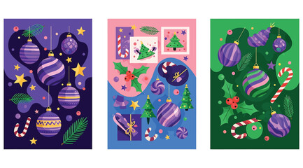 Collection of three vibrant, stylized illustrations featuring purple christmas ornaments, candy canes, holly, and small christmas trees in contrasting color palettes of purple, pink, blue, and green