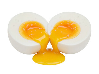 Soft boiled egg cut in half isolated PNG, runny yolk dripping, breakfast food on transparent background, healthy eating concept