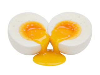 Soft boiled egg cut in half isolated PNG, runny yolk dripping, breakfast food on transparent background, healthy eating concept