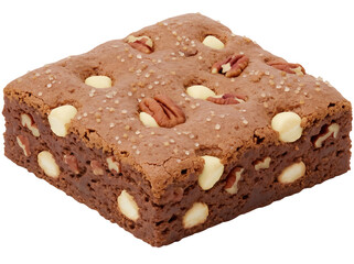 Delicious chocolate brownie with pecans and white chocolate chips isolated PNG, sweet dessert for bakery and confectionery concepts
