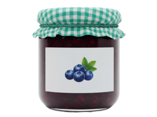 Blueberry jam jar PNG isolated on transparent background, homemade fruit preserve with checkered fabric lid for food and product design