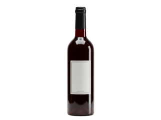 Red wine bottle isolated PNG on transparent background, dark glass bottle with blank label for branding and product presentation