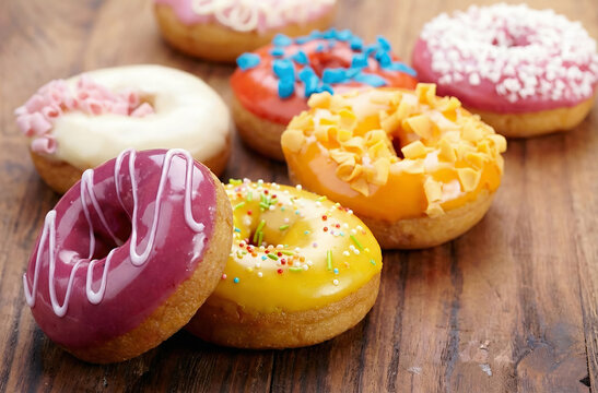 A close-up assortment of colorful donuts featuring red, white, yellow, and pink icing with various sprinkles and toppings arranged on a rustic wooden table