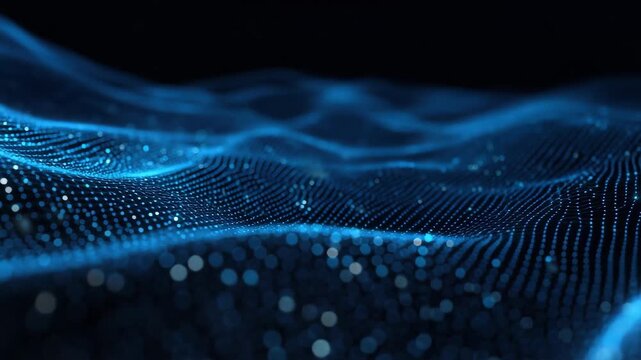 Waves of light create a calming blue pattern in a digital landscape at night