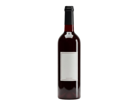 Red wine bottle isolated PNG on transparent background, dark glass bottle with blank label for branding and product presentation