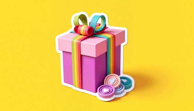 Colorful gift box offering kindness tokens on yellow backdrop, generosity