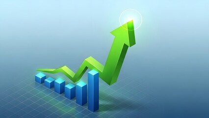 3D Green Arrow Ascending Over Blue Bar Graph Business Success Concept.