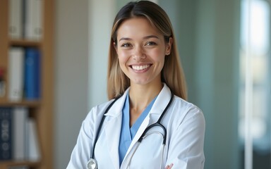 Smiling doctor standing in her office. High quality
