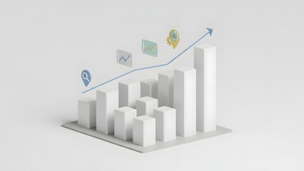 3D Rendered Business Growth Chart with Rising Arrow and Icons.