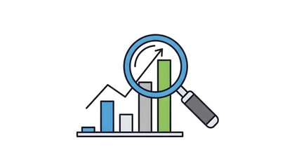 Analyzing Growth Magnifying Glass on Rising Bar Graph and Upward Trend Line.