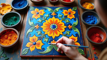 Tile artisan painting colorful floral design with a paintbrush, surrounded by bowls of pigment on rustic wooden surface