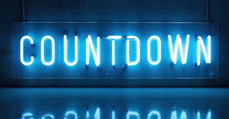 Obraz premium Bright neon sign spells countdown. Blue light reflects on dark surface. Minimalist aesthetic, modern design, simple typography.