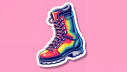 Vibrant snowboard boot sticker with rainbow highlights on pink backdrop, winter sports concept