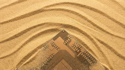 Close-up of Semiconductor Microchip Peeking from Desert Dust with Copy Space