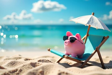 Pink Piggy Bank Relaxing on a Beach Chair with Mini Umbrella and Sunglasses, Soaking up the Sun and Sand.