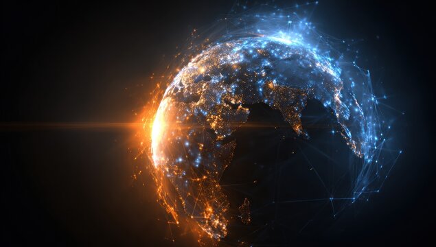 Digital earth globe with glowing connections in dark space - Powered by Adobe