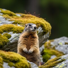 Alert marmot standing on mossy rocks in natural habitat