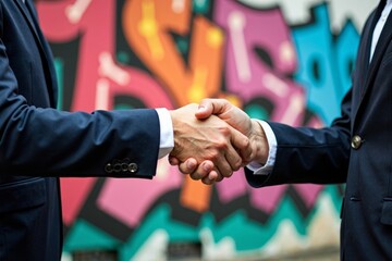 Businesspeople Exchanging Business Cards and Shaking Hands in Front of Urban Graffiti Art Wall