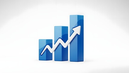 Dynamic 3D Blue Bar Chart with White Upward Arrow Illustrating Business Growth and Financial Progress.