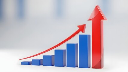 Dynamic 3D Bar Chart with a Soaring Red Arrow Symbolizing Exponential Business Growth.
