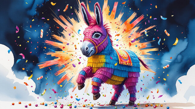 Festive Colorful Donkey Pinata Exploding with Candies and Confetti for Celebration - Powered by Adobe