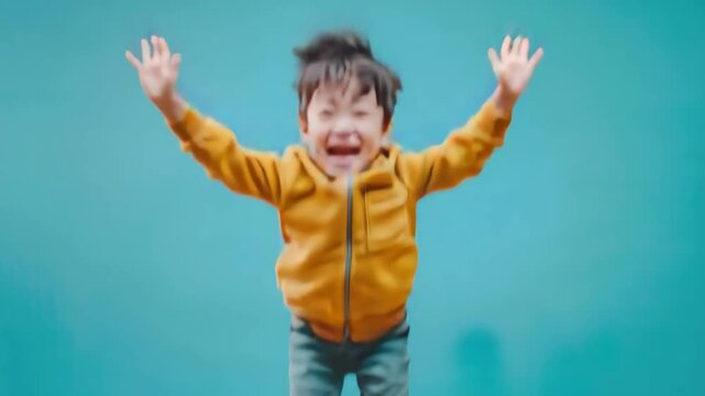 A young boy is jumping up and down with his arms raised. He is wearing a yellow jacket