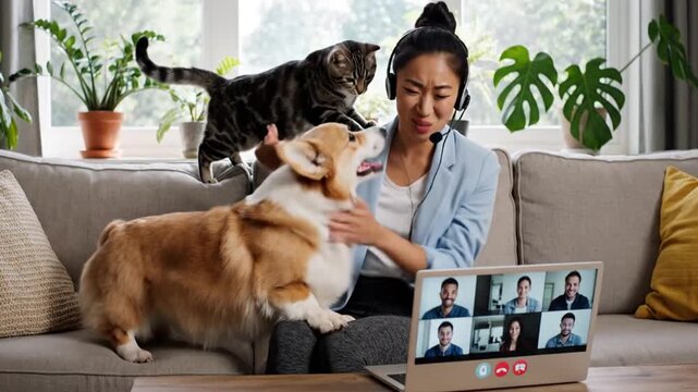 Woman working from home with pets interrupting video call.