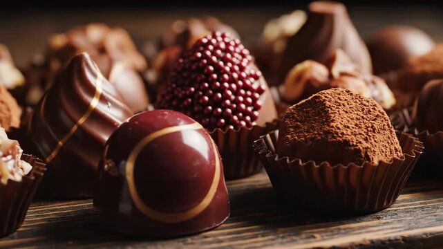 Assortment of gourmet chocolate truffle candy with various toppings and rich dark chocolate glaze on wood