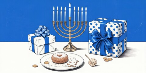 Lit menorah shines beside gifts and donut on white table against a bright blue backdrop