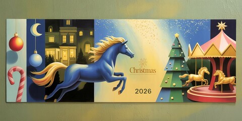 Wall art shows a blue horse prancing between Christmas, houses, and carousel holiday themes